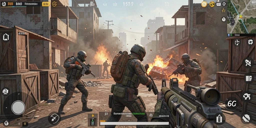 Screenshot gameplay intens di 6CF Battle Royale yang menggambarkan aksi bertempur.
