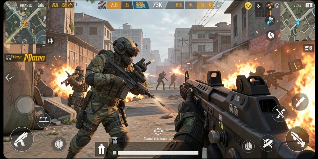 Tampilan screenshot gameplay 73K saat adu tembak intens.