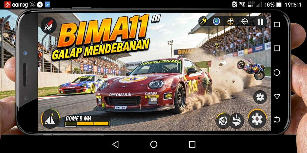 Screenshot menampilkan aksi mendebarkan dalam gameplay BIMA11 dengan mobil balap yang melaju kencang.