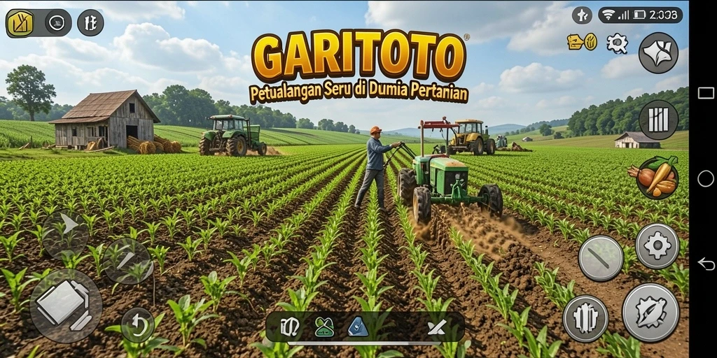 Screenshot permainan GARITOTO yang menampilkan kebun dan aktivitas bercocok tanam.