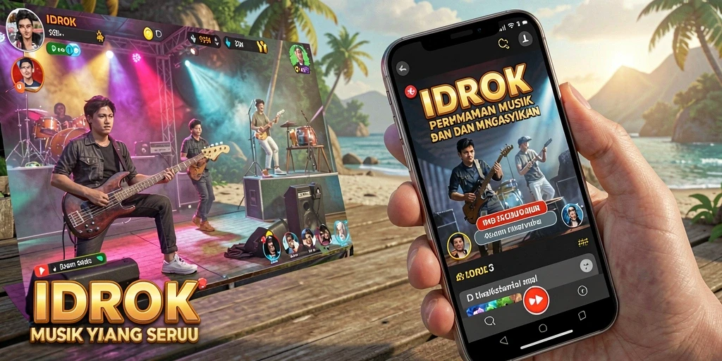 Screenshot permainan IDROK menampilkan antarmuka gameplay musik yang interaktif.