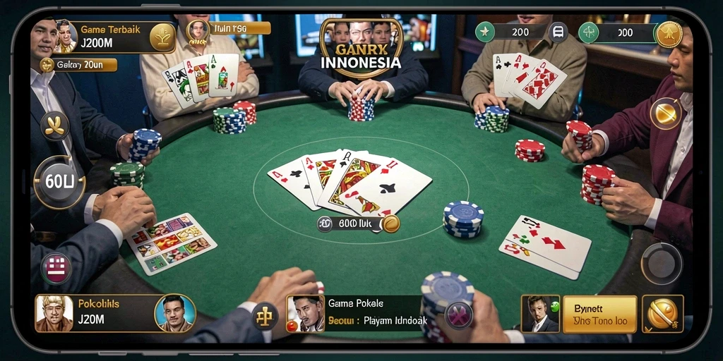 Screenshot J200M menampilkan suasana permainan poker yang menarik.