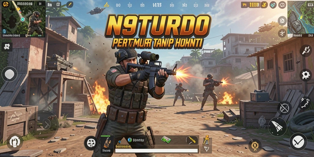 Screenshot N9TURBO menampilkan aksi pertempuran intens dalam gameplay Battle Royale.