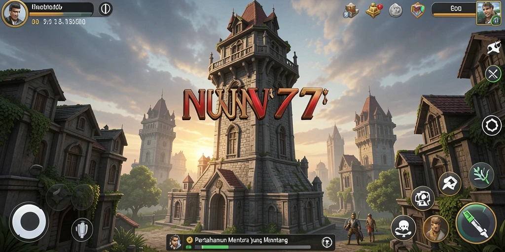 Screenshot gameplay NV77 menampilkan menara bertahan yang strategis dan musuh yang mendekat.