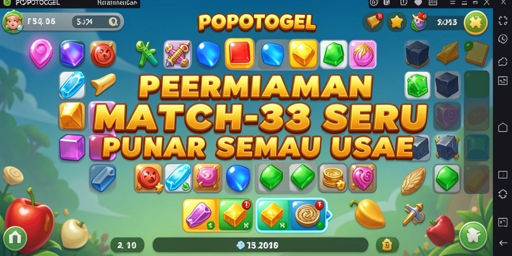 Gambaran penuh warna dari gameplay POPOTOGEL Match-3 yang seru.