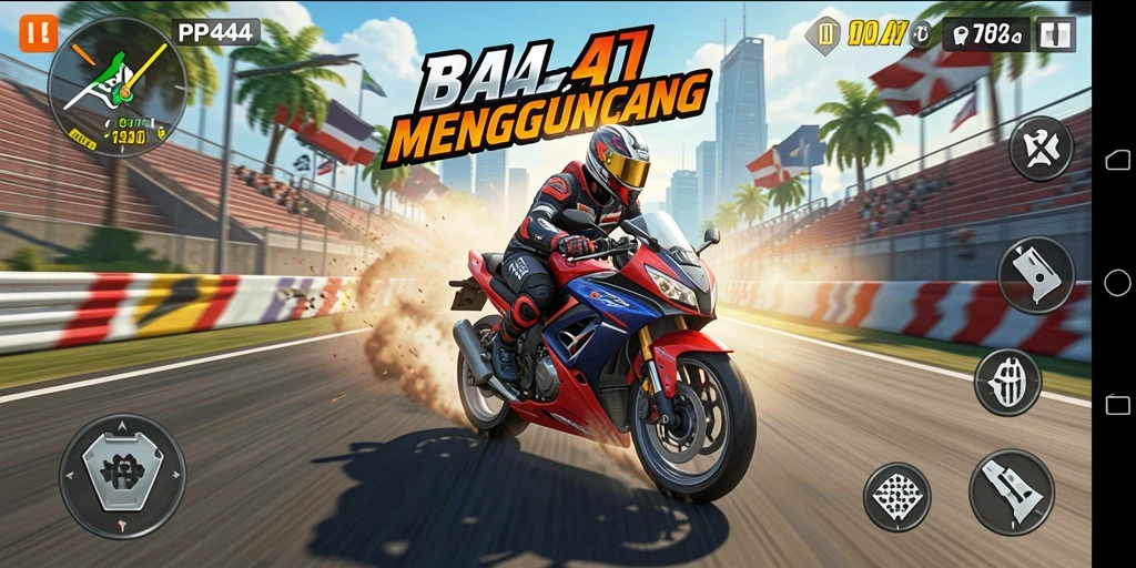 Screenshot utama PP444 menunjukkan aksi balapan motor yang mendebarkan.