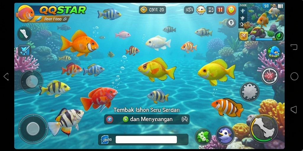 Tampilan gameplay <strong>QQSTAR</strong> yang menarik saat menembak ikan di bawah laut.