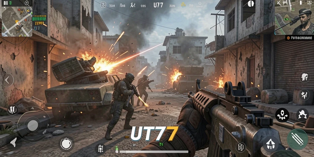 Screenshot menampilkan aksi pertempuran intens dalam game FPS.