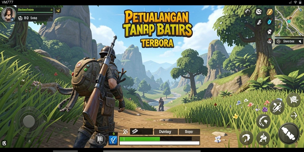 Tangkapan layar utama VM777 menampilkan pemandangan menakjubkan dunia terbuka yang luas.