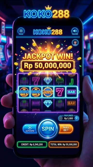Tampilan utama aplikasi koko288 dengan logo dan menu navigasi.